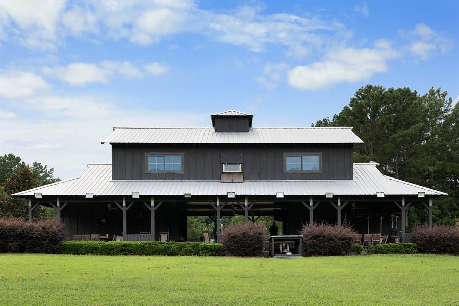 The DanMar pavilion seen across the mown clays field